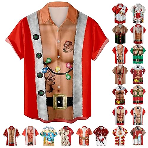 Ugly Christmas Shirts for Men Novelty Xmas Muscle Print Hawaiian Shirt Button Up Graphic Tees Funny Santa Claus Holiday Party Tops, A05-White, XL