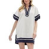 Esmeling Women's Color Block Pullover Dress V-Neck Puff Sleeve Mini Dress with Pockets