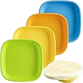 Re-Play Toddler Plates - 22 Oz. Deep-Walled Flat Kids Plates - Dishwasher & Microwave Safe - Made in USA - Set of 4-7.37" x 7.37" x 1.25" - Spring