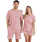 EISHOPEER Matching Pajamas for Couples Ribbed Knit Pajama Short Sleeve Soft Sleepwear 2 Piece Loungewear Pink XX-Large
