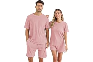 EISHOPEER Matching Pajamas for Couples Ribbed Knit Pajama Short Sleeve Soft Sleepwear 2 Piece Loungewear S-XXL