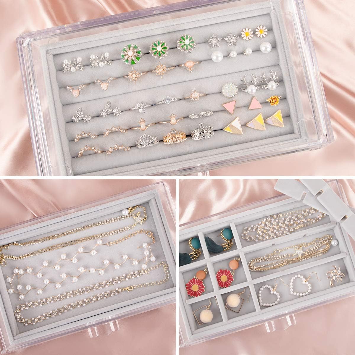 Mebbay Acrylic Jewelry Box with 4 Drawers, Velvet Jewelry Organizer for Earring Necklace Ring & Bracelet, Clear Jewelry Display Storage Case for Woman, Grey: Home & Kitchen