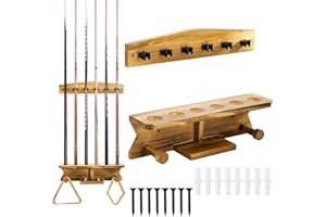 Pumtus Wall Mount Pool Stick Holder, Wood Billiard Cue Rack, Hold 6 Cues and 2 Triangle Racks, Sturdy Pool Cue Rack, Wall Billiard Stick Holder, Pool Table Accessories Organizer for Game Room, Bar