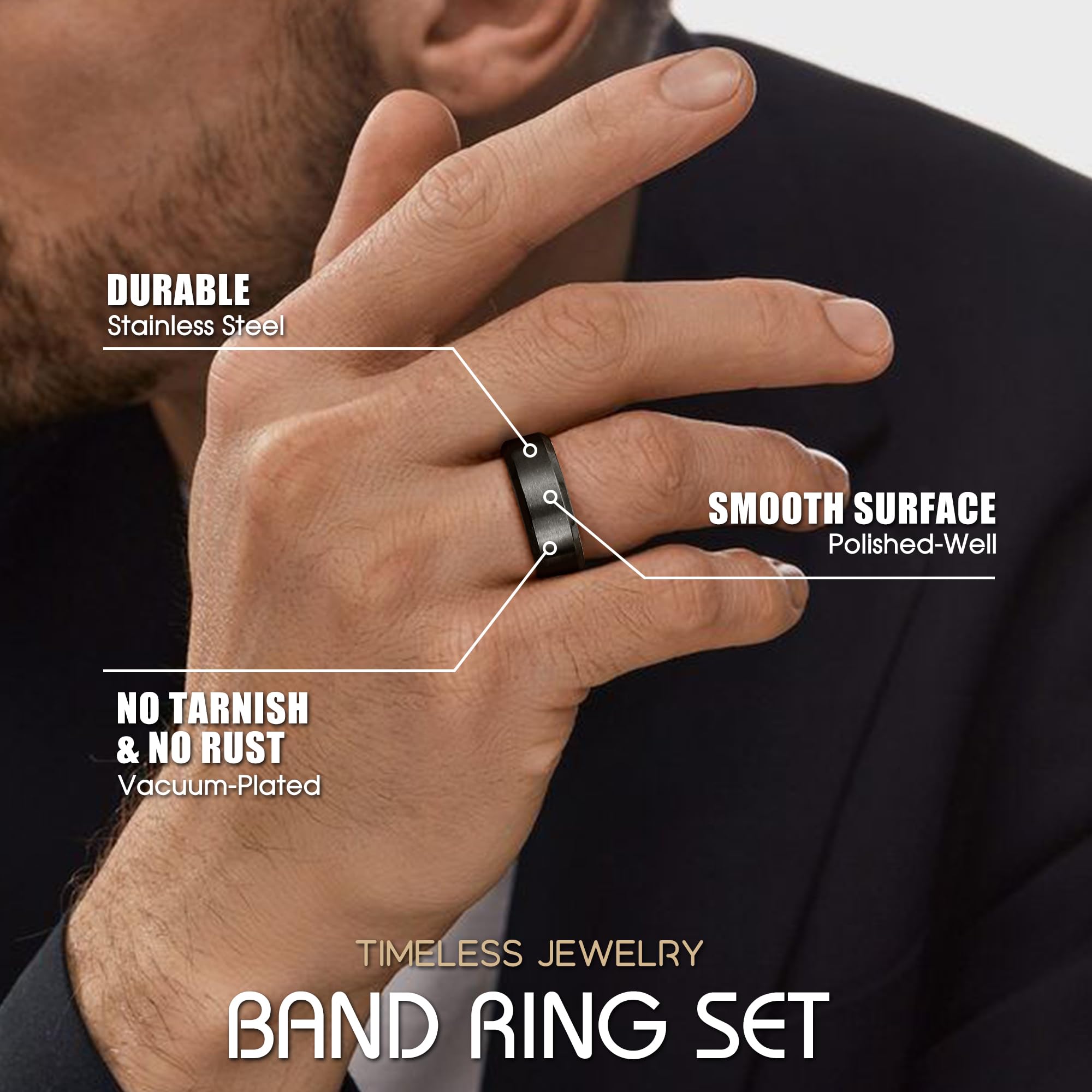 Jstyle Stainless Steel Rings for Men Wedding Ring Cool Simple Band 8MM Width 3 Pcs A Set