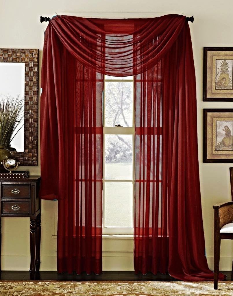 3 Piece Solid Wine Burgundy Sheer Viole Curtains Panel Set Fully Stitched 2 Window Panels and 1 Scarf B00GKN4LTC
