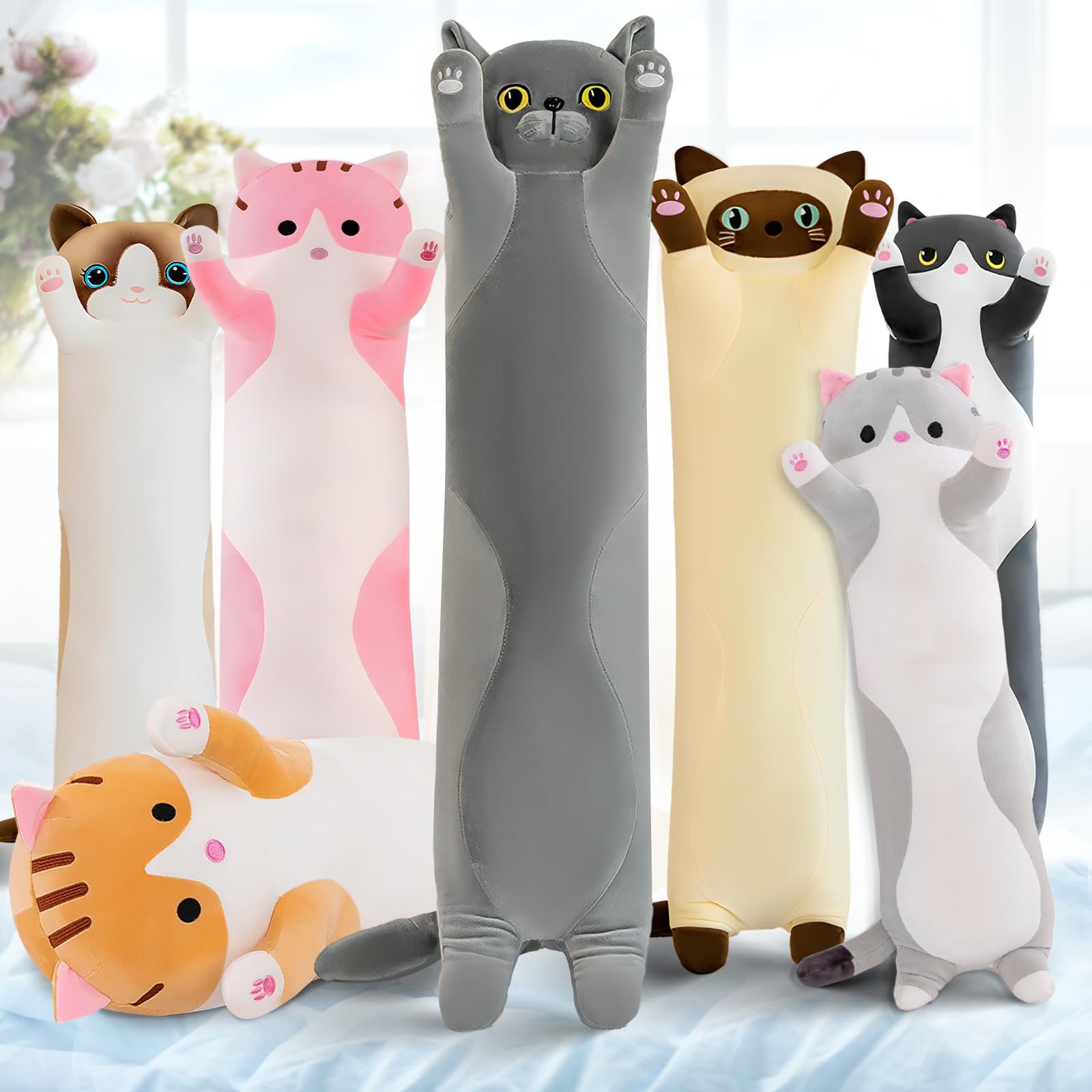 Transplant Long Cat Soft Toy Cushion - Kawaii Pillow Plush Cuddly Toy - Cute Cats Plush Gifts for Children Friends (50 cm, British Blue)