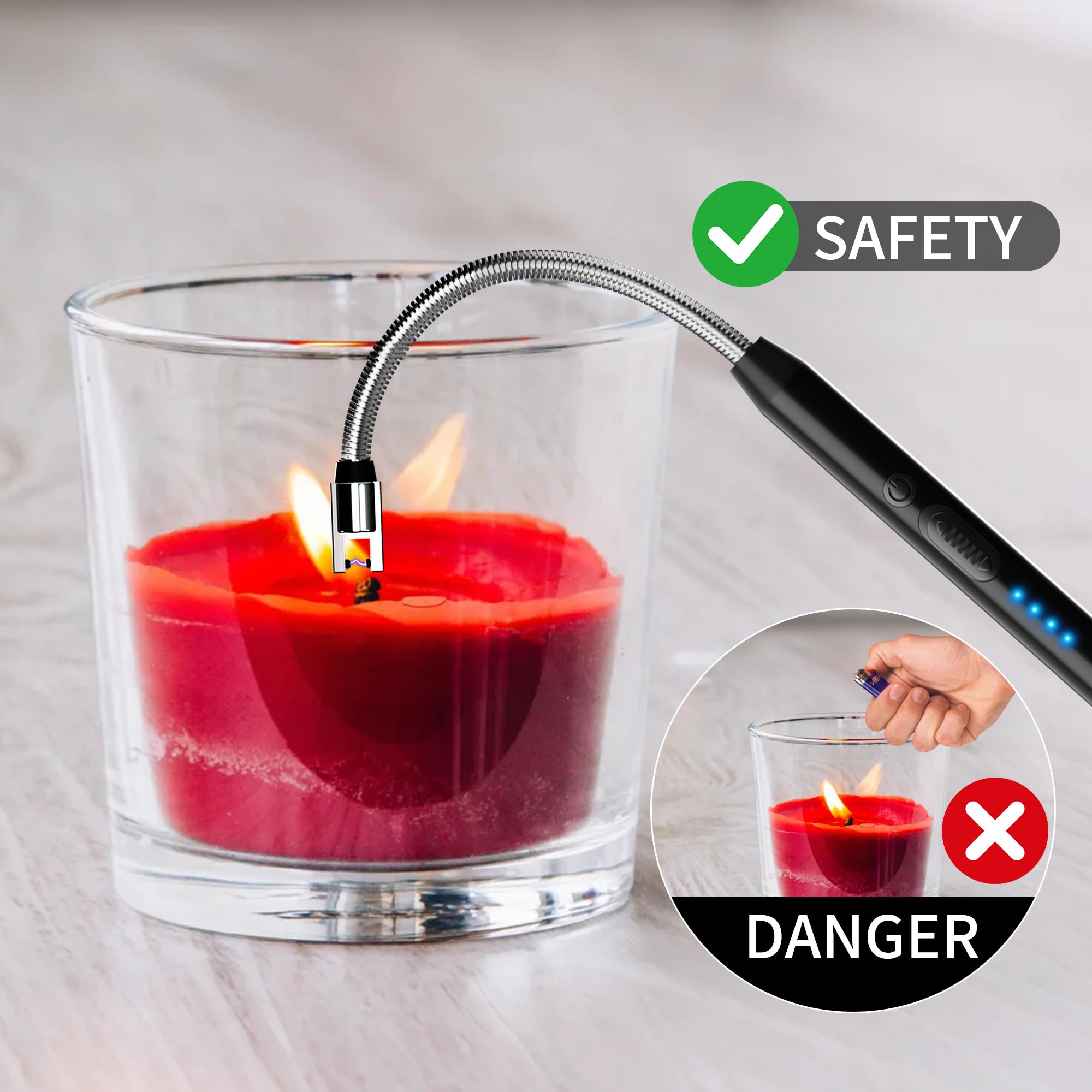 2-Pack Rechargeable Electric Candle Lighters, Flameless Windproof Long Lighter with 360° Flexible Neck and LED Display for Candles, Camping, BBQ & Fireplace (Black)