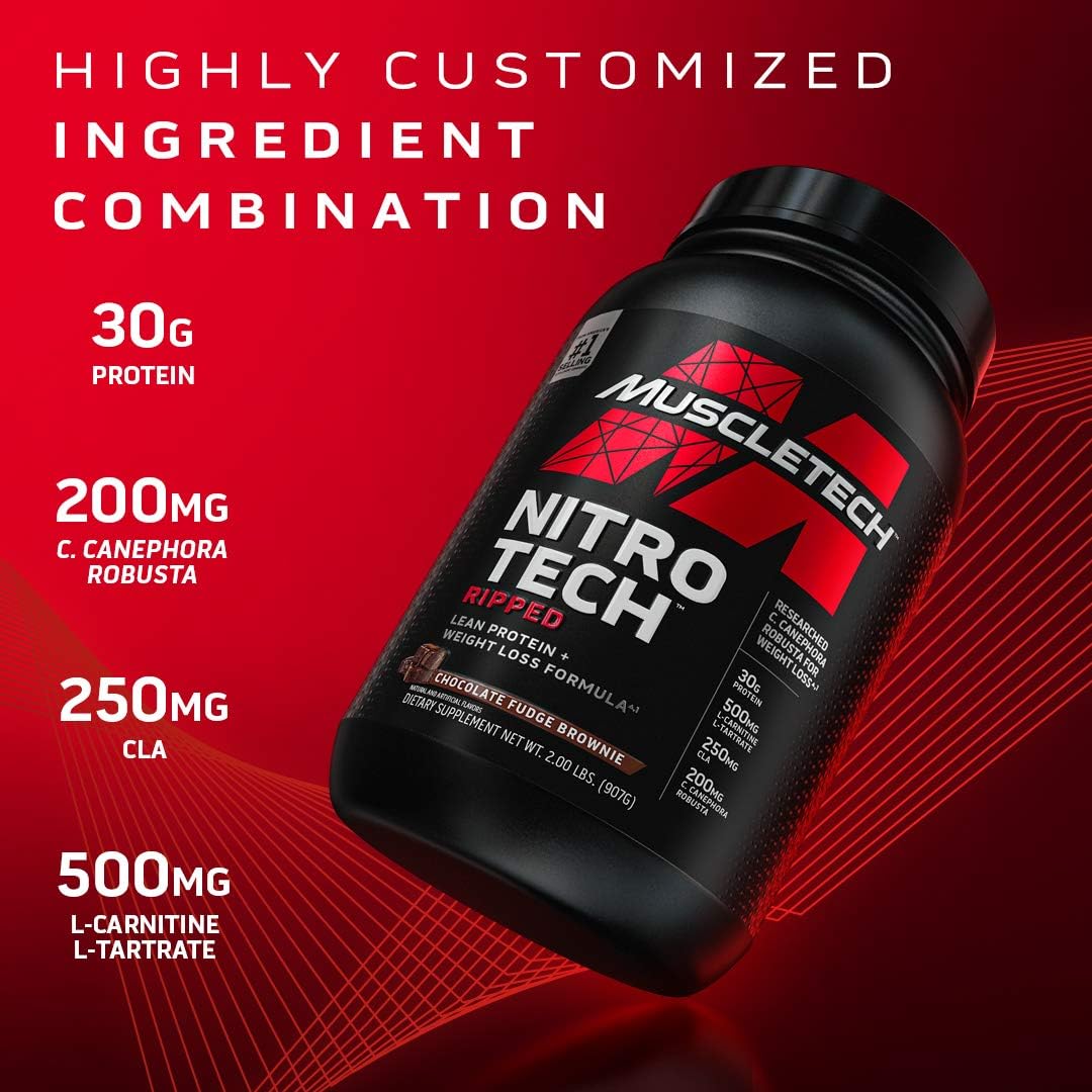 MuscleTech Nitro-Tech Ripped Lean Protein Powder + Weight Loss Formula, Whey Protein Shake Mix, 30 Grams Protein, 6.6g BCAA, Stimulant Free, Tastes Great, Chocolate Brownie, 2 lbs (packaging may vary): Health & Personal Care