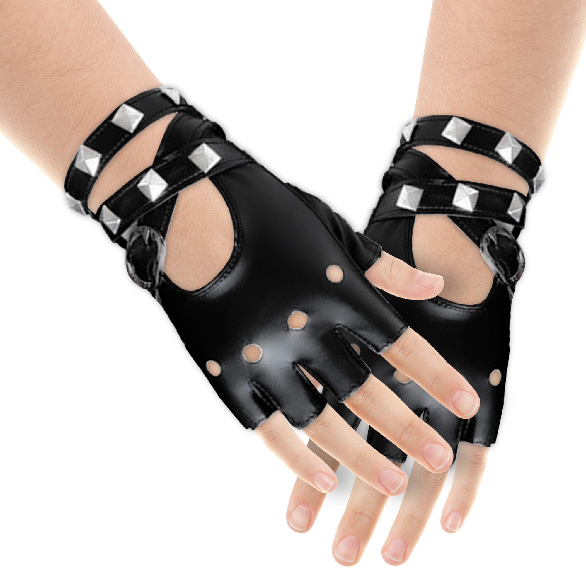 Skeleteen Fingerless Faux Leather Gloves - Black Biker Punk Gloves with Belt Up Closure and Rivet Design for Women and Kids