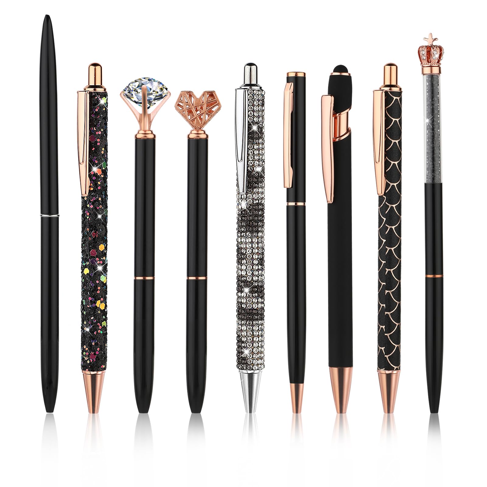 Bewudy 9 PCS Crystal Diamond Pens, Retractable Metal Ballpoint Pen Crystal Glitter Pens Black Ink Fancy Pens Gifts for Women Girls School Wedding Office Desk Supplies(Black)