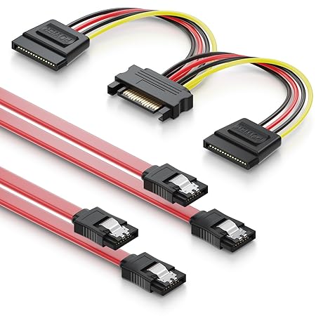 deleyCON SATA Kabel Set 2X SATA III Kabel mit Stecker gerade + Y Strom Adapter Kabel - SSD HDD Festplatte