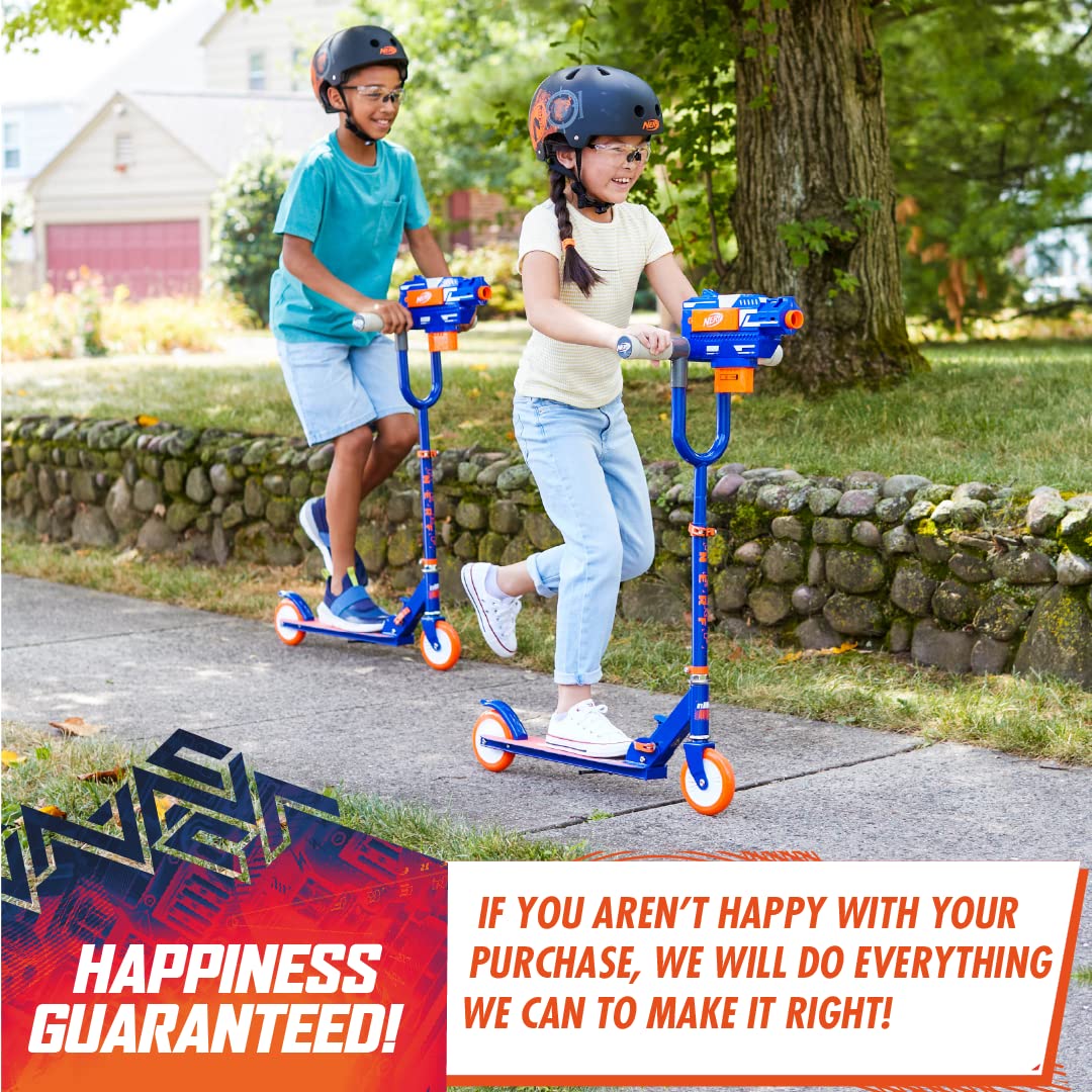 NERF Kick Scooter for Kids, Dual Barrel Blaster Fires Up to 40 Feet, Supports Up to 150lbs, Rear Brake, Sturdy Steel Frame, Wide Surface Textured Molded Deck, Outdoor Activities for Boys/Girls