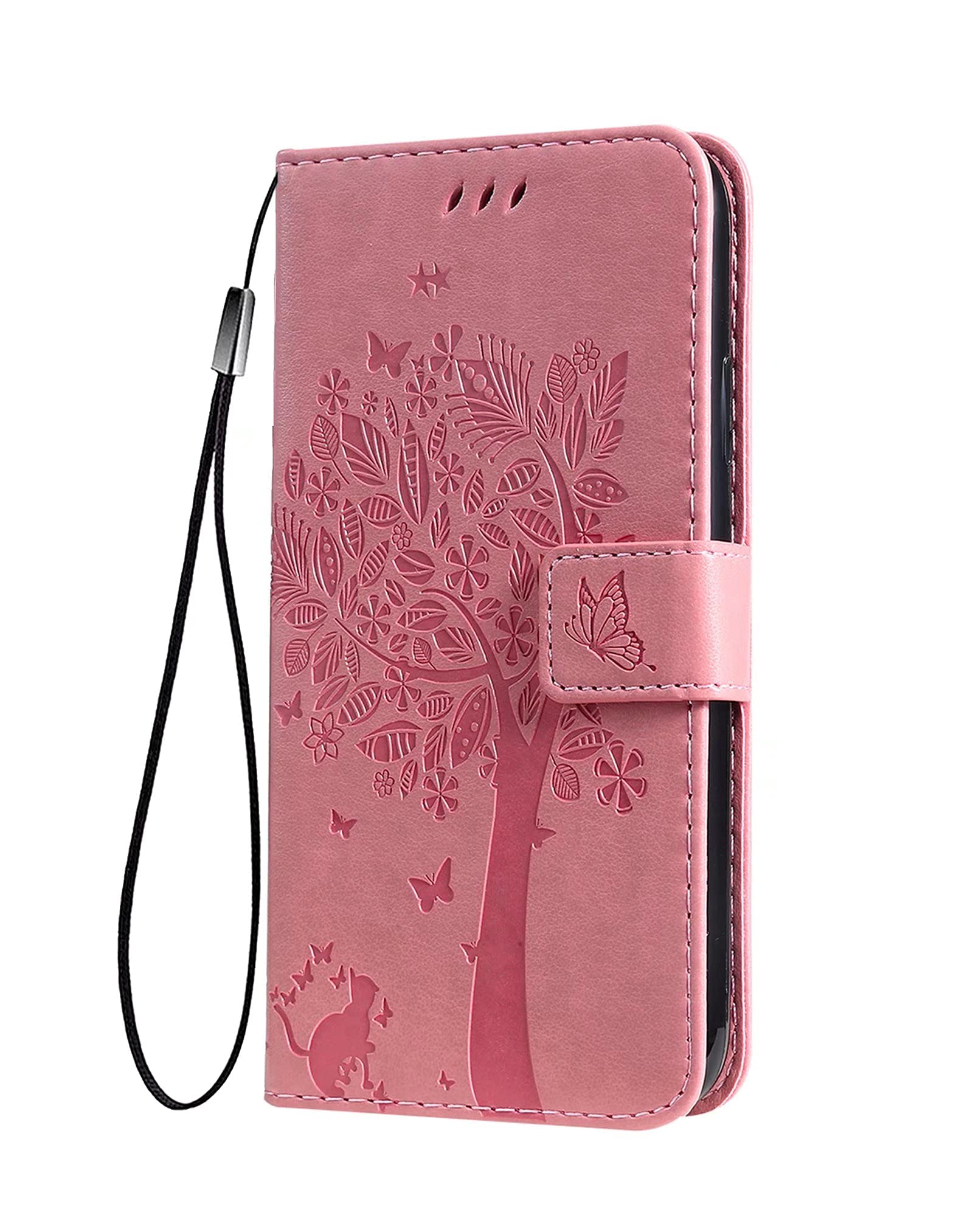 SEAHAI Case for Motorola Edge 40 Neo Wallet Case, Pretty Embossed Leaves and Cat Pattern Premium PU Leather Book Style Flip Cover Shockproof Case, Pink
