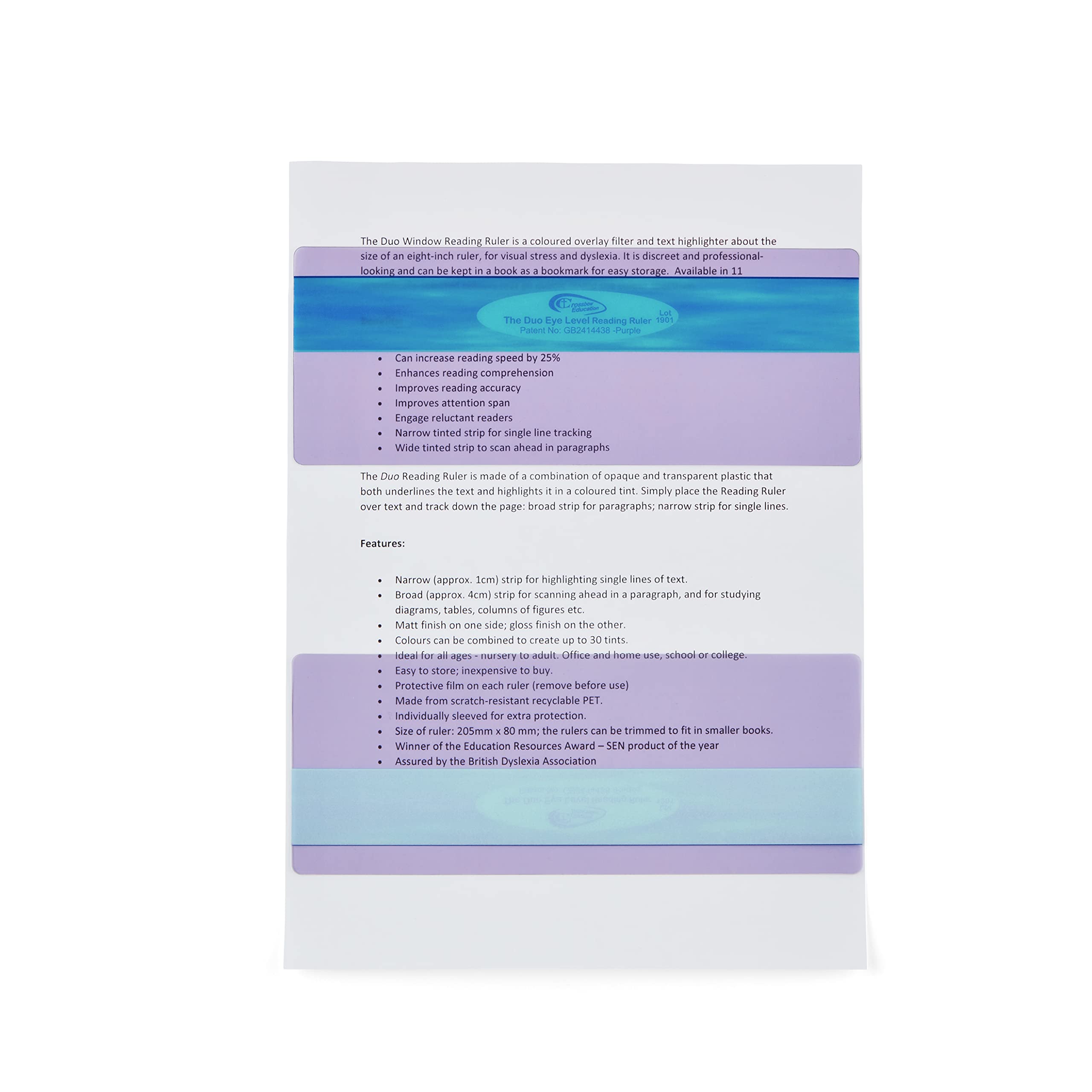 The Original Duo Reading Ruler Overlays - Purple (Pack of 10) by Crossbow Education UK - Dyslexia Aids and Visual Stress Specialists