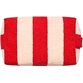 Manucurist Pink and Red Striped Terry Pouch – Women’s Travel Toiletry Bag – Makeup Bag – Vanity Case – 100% Cotton – Practical Handle & Zipper Closure - Travel Essentials