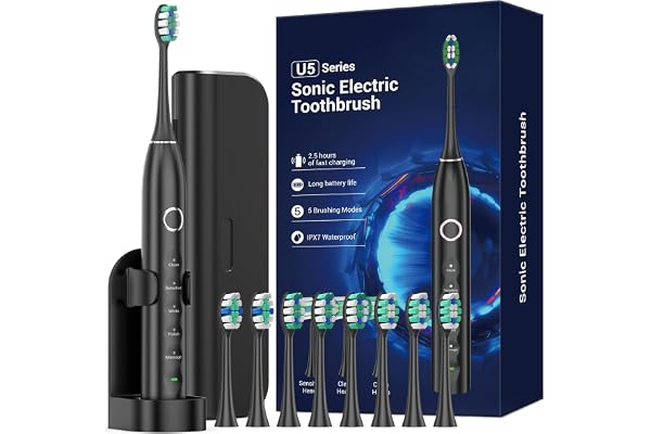 Ultrasonic Toothbrush for Adults - MISSCOZY Reachargeable Electric Toothbrush with 8 Brush Heads, Travling Case, 5 Modes & Sm