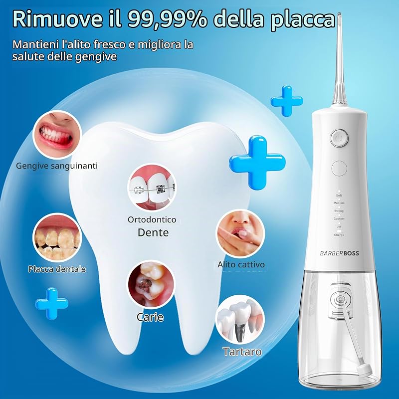 Idropulsore Advanced, 5 modalità di pressione e serbatoio capiente da 340 ml, irrigatore orale impermeabile IPX8, 4 punte a getto e blocco da viaggio, idropulsore portatile QR-7104 (bianco)