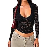 Falechay Women's Lace Long Sleeve Shirt Low Cut Y2K Slim Fit Top Bow Sexy Going Out Club Concert Clothes