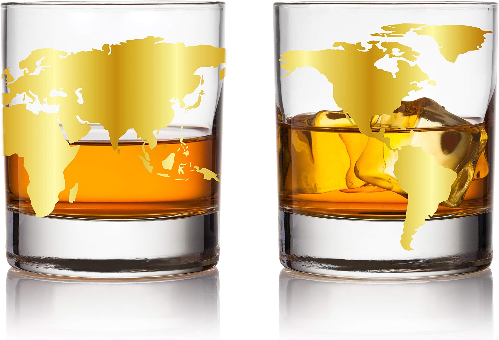 Premium World Map Fine Quality Hand Made 14K Gold 11oz Whiskey Glass Gift Set, Made in USA by Fine Occasion (2pk)