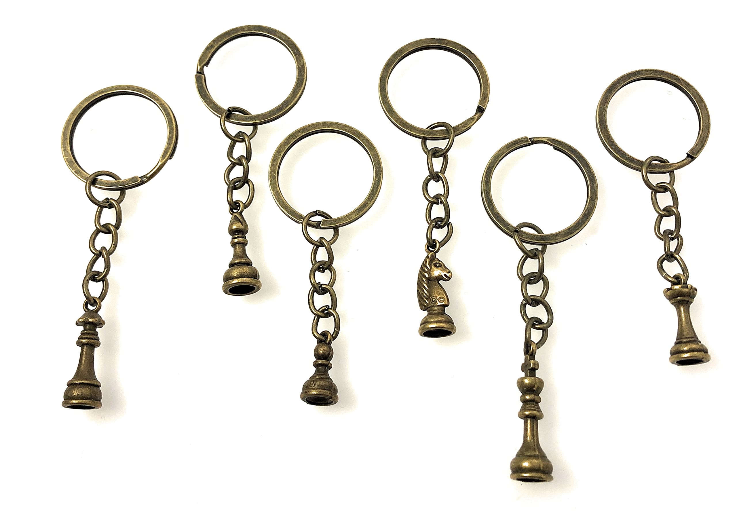 FizzyButton Gifts Set of 6 Chess Player Charm Keyrings Key Rings with Bronze Tone Chess Piece Charms
