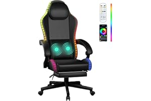 NEXTHRA LED Gaming Chair, Leather Game Chair with Massage Lumbar Support and Footrest, Ergonomic Computer Chair with RGB Lights for Adults and Kids, Black