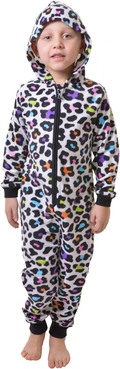 Kids Multi Colour Leopard Print Soft Fleece Hooded All in One Childrens Onesie AIO, 3yrs to 10yrs