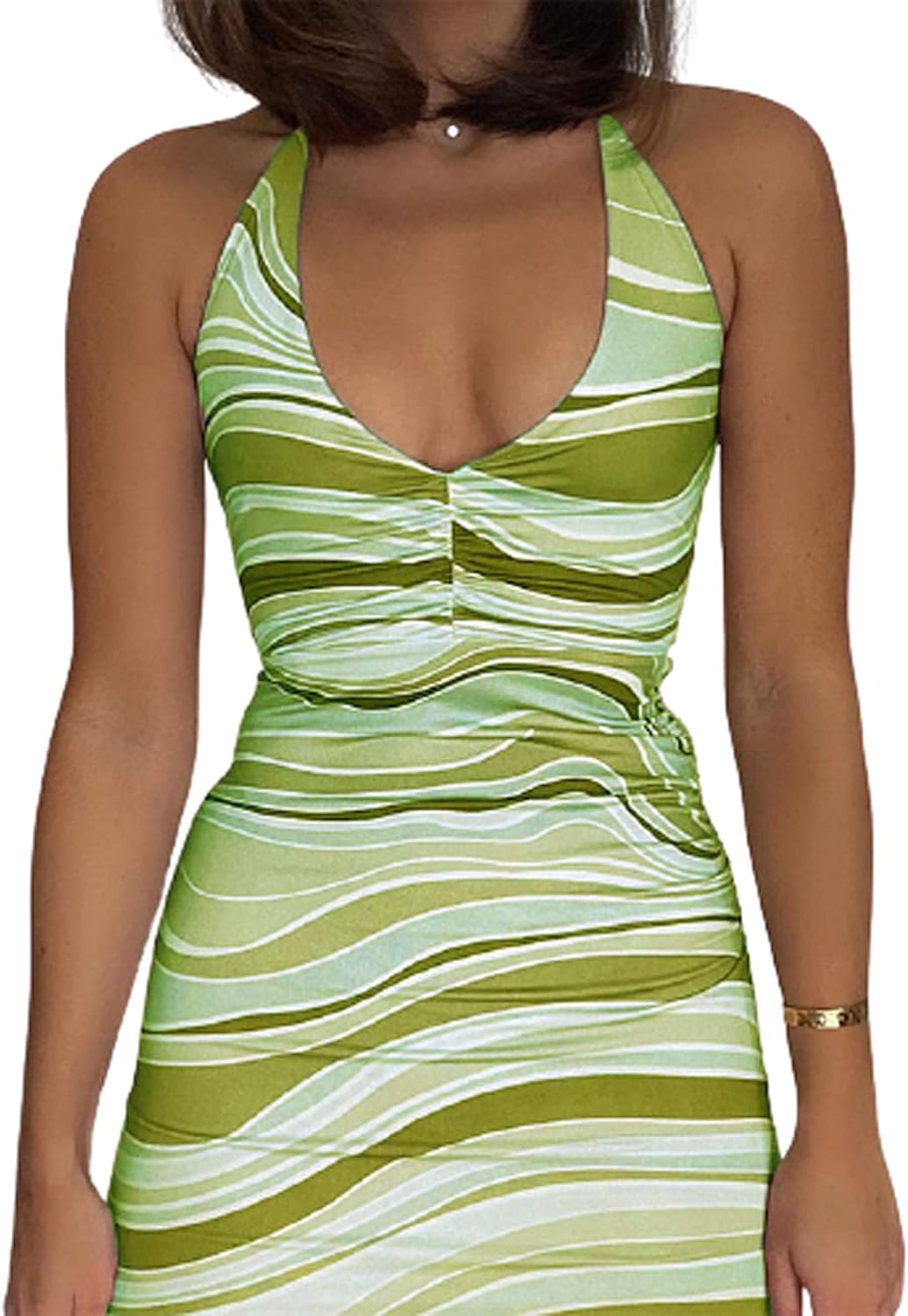 NZGSTR Women Sexy Halter Neck Ripple Print Dress Y2K Knitted Tank Dress