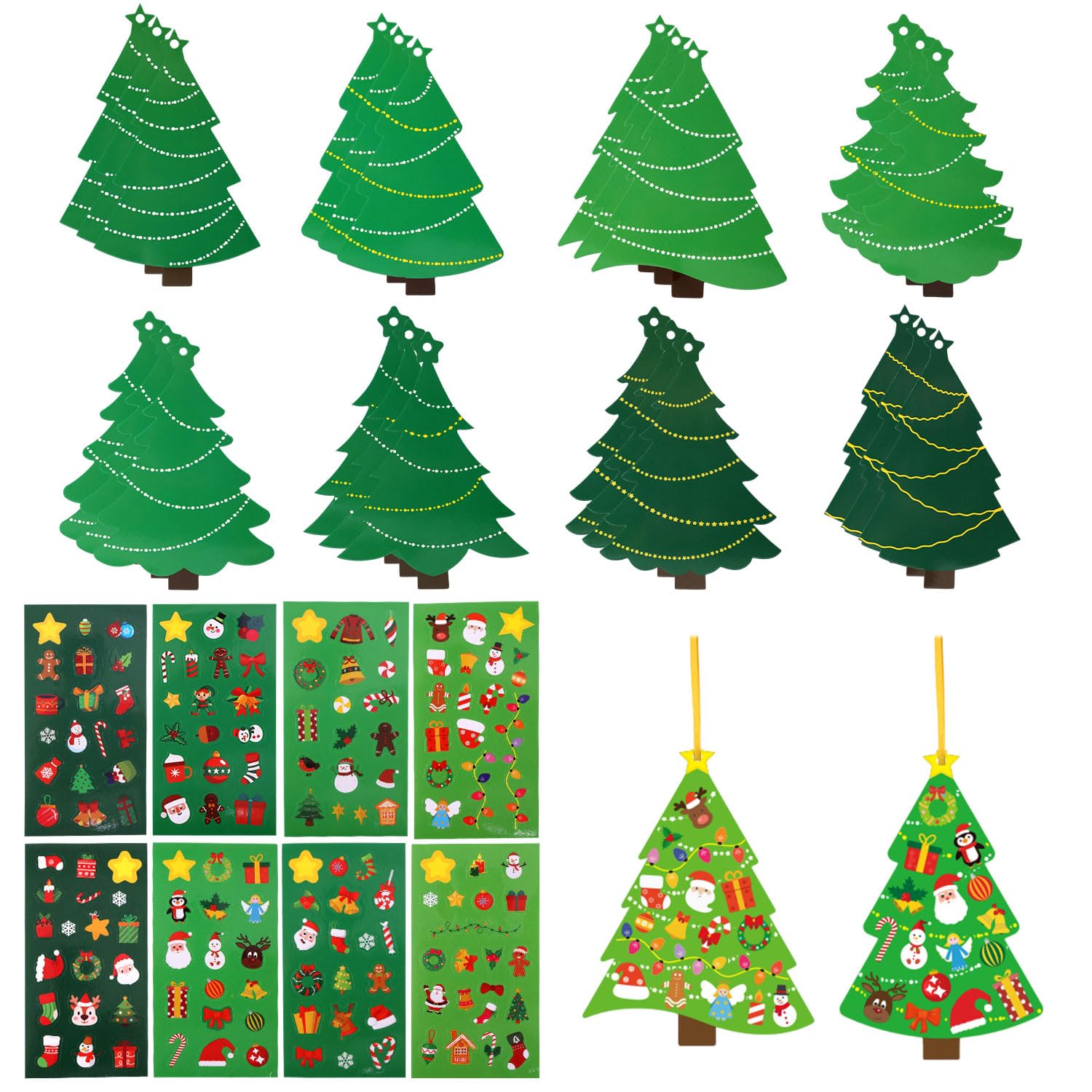 Penitue 24pcs Christmas Tree Crafts Kit, DIY Cardstock Christmas Tree Ornaments with Stickers & Ribbons for Kids Holiday Decorations Classroom Activities & Party Favors