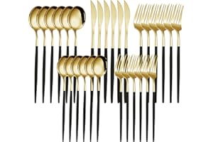 Silverware Sets for 30, Quable 30-Piece Black & Gold Cutlery Set, Stainless Steel Kitchen Utensil Set Service for 6, Includin