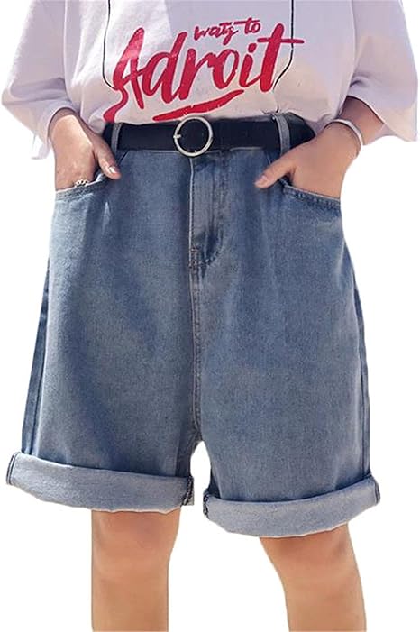 Amazon Pradrd レディース デニムパンツ 膝丈 ショーツ 春夏 薄手 ハイウエスト ロールアップ 五分丈 無地 スリムシルエット 着痩せ カジュアル ビッグシルエット Bf風 美脚 ヴィンテージ 通勤 シック ショートパンツ 通販