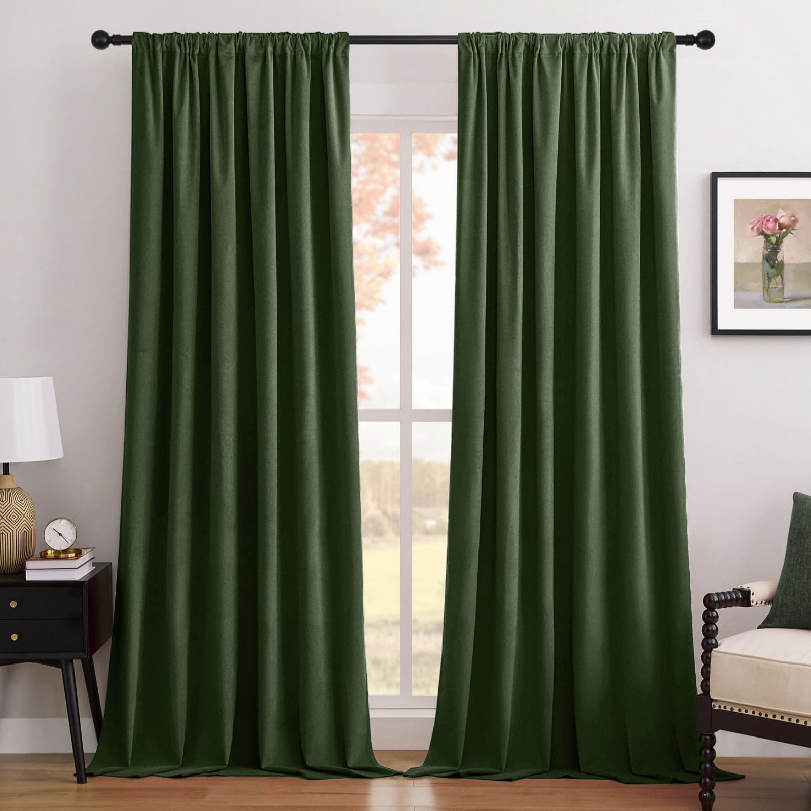 Photo 1 of ** SIMILAR IMAGE UNKNOWN SIZE OR BRAND**Joydeco Olive Green 100% Blackout Curtains 84 Inch 2 Panels, Luxury Thermal Green Velvet Curtains for Bedroom Living Room, Soundproof Blackout Window Drapes, Rod Pocket & Back Tab (52W x 84L)