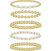 wgoud Gold Bracelets for Women - Trendy 14K Real Gold Plated Beaded Bracelet Set with Stretch Beads, Waterproof, Adjustable, Perfect Gifts