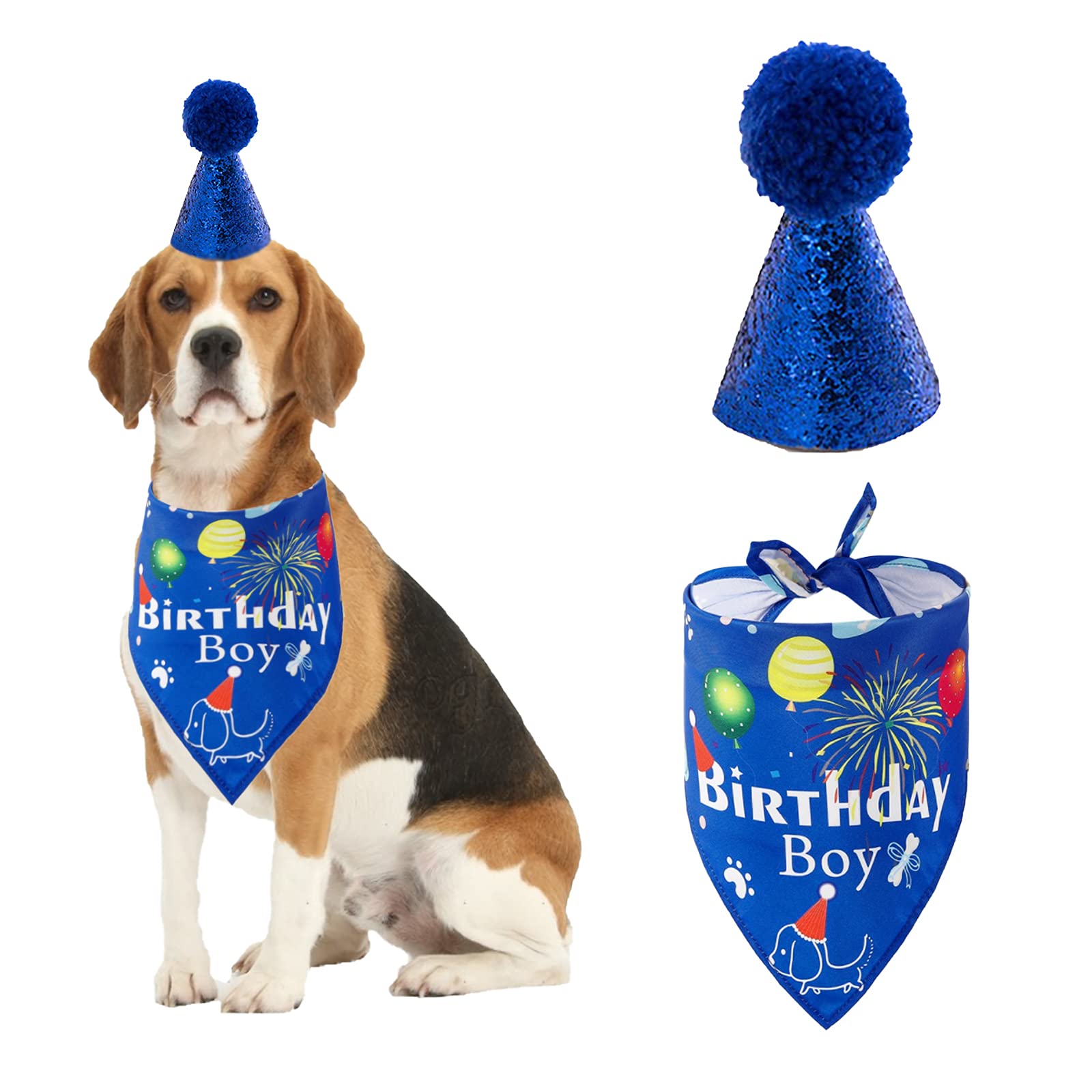 Dog Birthday Bandana Hat Set, Dog Birthday Party Supplies Dog Bandana Boy Girl Puppy Birthday Hat Scarf for Small Medium Dog Pet (Blue)