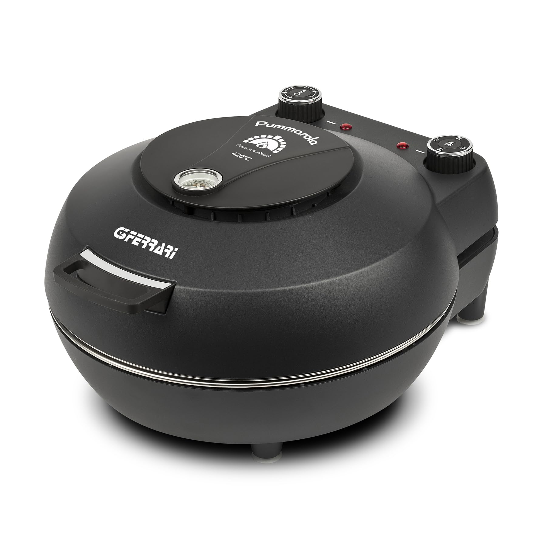 G3 Ferrari G10199 Pizzaofen "Pummarola", bis zu 420 °C, 1200W, feuerfeste Steinplatte, Kühle Außenwände, Edelstahl-Palette, Rezeptbuch inklusive, Temperaturanzeige, Gedämpfter Verschluss