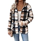 ssjoydepot Women Jackets with Cap Long Sleeve Plaid Fuzzy Fall Winter Zipper Jacket