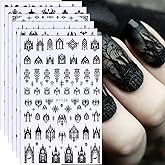 Halloween Nail Art Stickers Decals 3D Gothic Nail Stickers 6PCS Black Skulls Bat Gothic Architecture Design Self-Adhesive Nail Decals Y2K Manicure Accessories for Women Holiday Nail Art Decorations