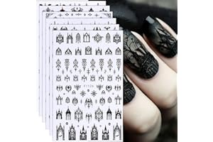 FBABFBUO Halloween Nail Art Stickers Decals 3D Gothic Nail Stickers 6PCS Black Skulls Bat Gothic Architecture Design Self-Adhesive Nail Decals Y2K Manicure Accessories for Women Holiday Nail Art Decorations
