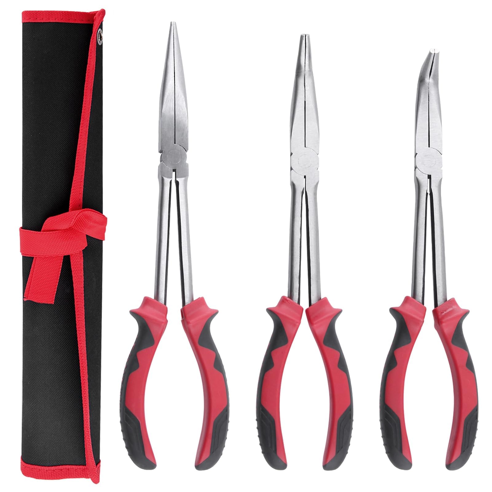 LEONTOOL 3PCS Long Reach Pliers Set, 11 Inch Extra Long Needle Nose Pliers Set, Straight, 45 Degree, 90 Degree Curved Needle Nose Pliers with Serrated Jaw, Long Handle Pliers for Narrow Spaces