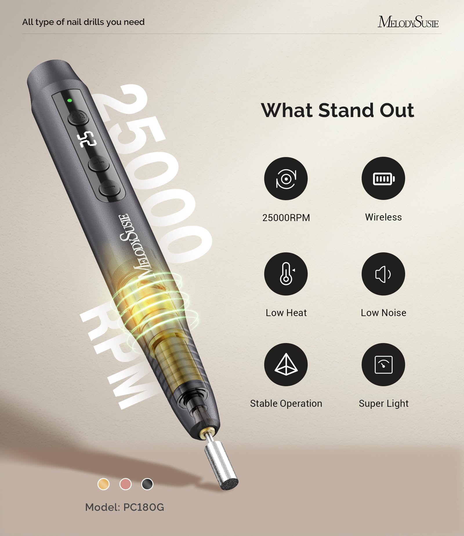 MelodySusie Electric Nail Drill - Cordless File for Acrylic Gel Nails, PC180G 25,000RPM Professional Portable Efile Manicure Pedicure Polishing Tool With Bits, Sanding Bands - Image 4