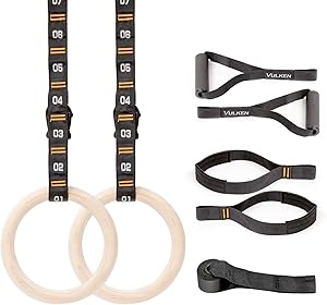 Vulken Wooden Gymnastic Rings with Adjustable Numbered Straps. 1.1'' Olympic Rings for Core Workout and Bodyweight Training. Home Gym Rings 1600lbs with Workout Handles