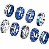 EIELO 9Pcs Stainless Steel Band Rings for Men Women Cool Fidget Spinning Chain Ring Anxiety Relief Fashion Simple Wedding Engagement Black Ring Set