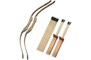 BASBON 2 Pack Kids Bow and Arrow Set, 32 Inch Archery Set Handmade Wooden Toy Bow and Arrow for Kids 4-6 8-12, Cosplay Game Costume Prop Play, 2 Bows 2 Quivers and 20 Wood Arrows, Gifts for Youth Boys Girls