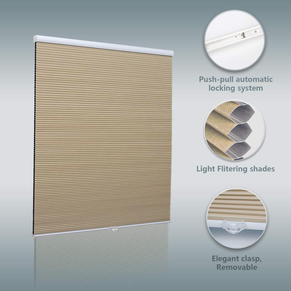 Blackout Cellular Shades Cordless Window Blinds and Shades Pull Up Honeycomb Shades for Home, Beige, 46" W x 38" H