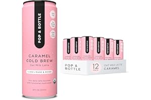 Pop & Bottle, Oat Milk Lattes - Cold Brew with Lions Mane & Reishi, MCT Oil, Single Shot Cold Brew, Mushrooms, Organic, Dairy Free, Gluten Free, Great as Iced Coffee, Lightly Sweetened with Dates - Caramel, 8 Fl Oz (12 Pack)
