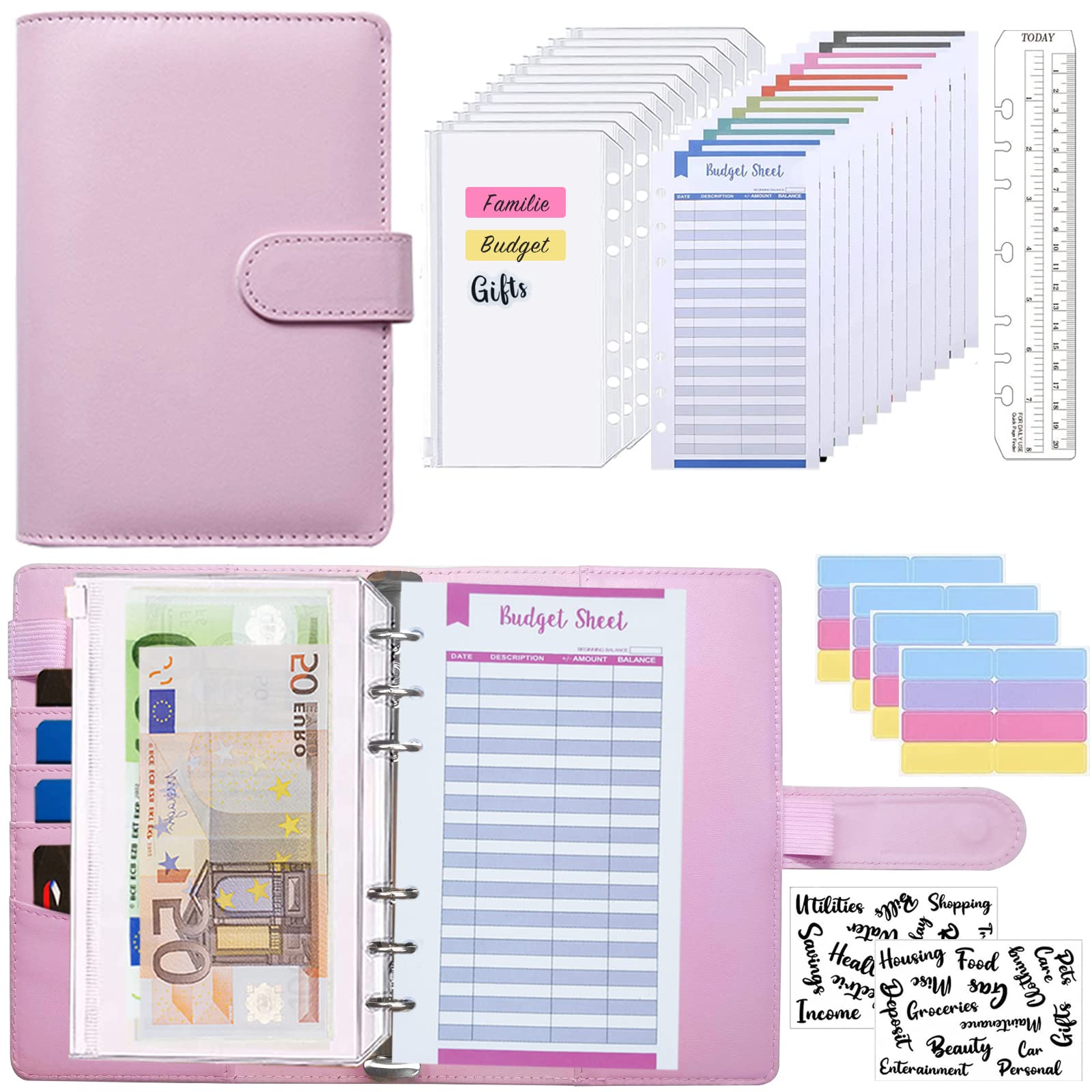 Budget Binder - 32 Pcs Cash Binder Money Saving Wallet with Cash Envelops, Budget Sheet, Label Stickers, Money Wallet Organiser Financial Budget Planner Money Binder for Cash Saving, Travel and Diary