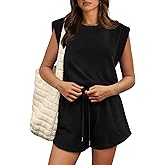OFEEFAN Rompers for Women Summer Cap Sleeve Adjustable Drawstring Waistband Crewneck Casual Outfits with Pockets