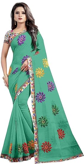 Green colour Designer Embroidered Saree Cotton Blend fabric with Blouse Piece