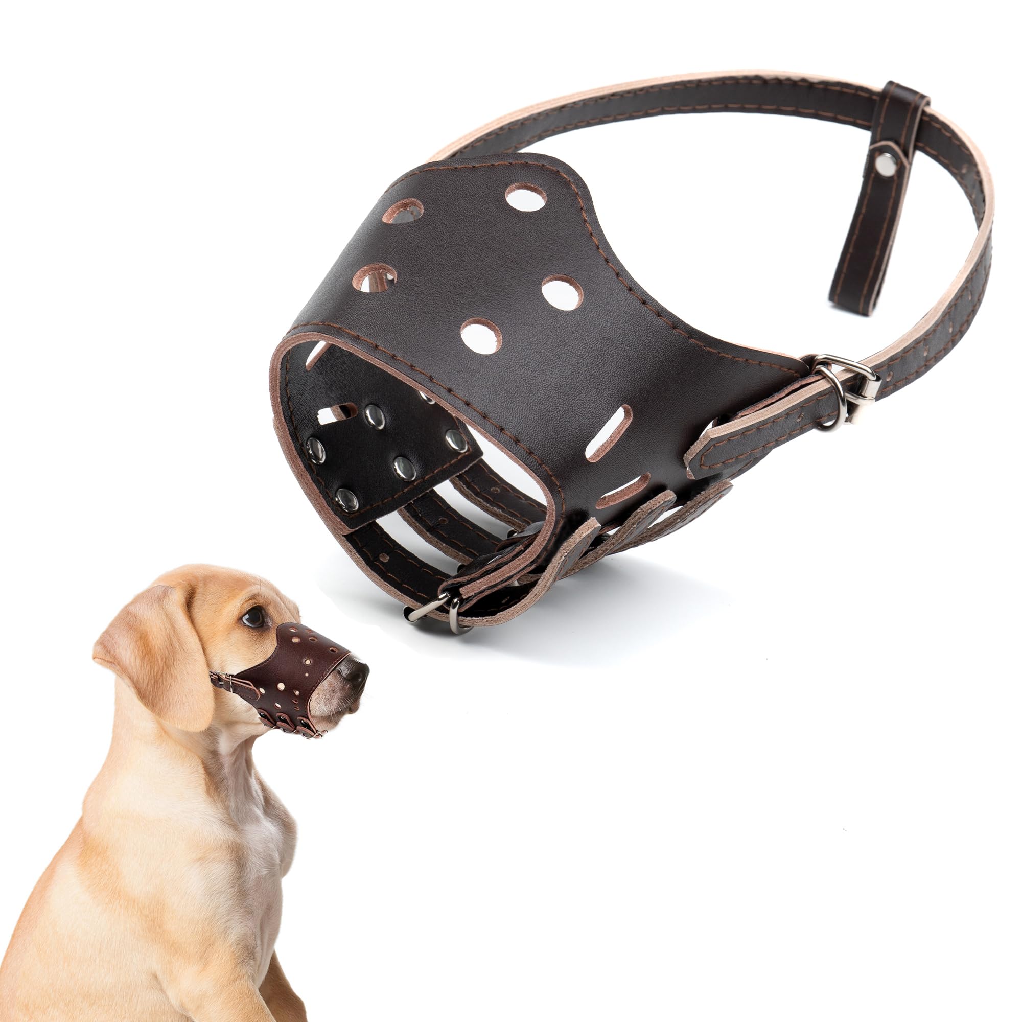 Photo 1 of Wagably Brown Leather Muzzle for Dogs - Secure Basket - Breathable and Adjustable - Soft Muzzle for Medium Large Breeds - Anti Biting Barking Chewing - Adjustable with Two Straps Helps Prevent Biting
