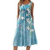 HOTOUCH Summer Casual Dresses for Women Sleeveless Midi Dress Swing Tank Sundress Pleated Tshirt Dress with Pockets