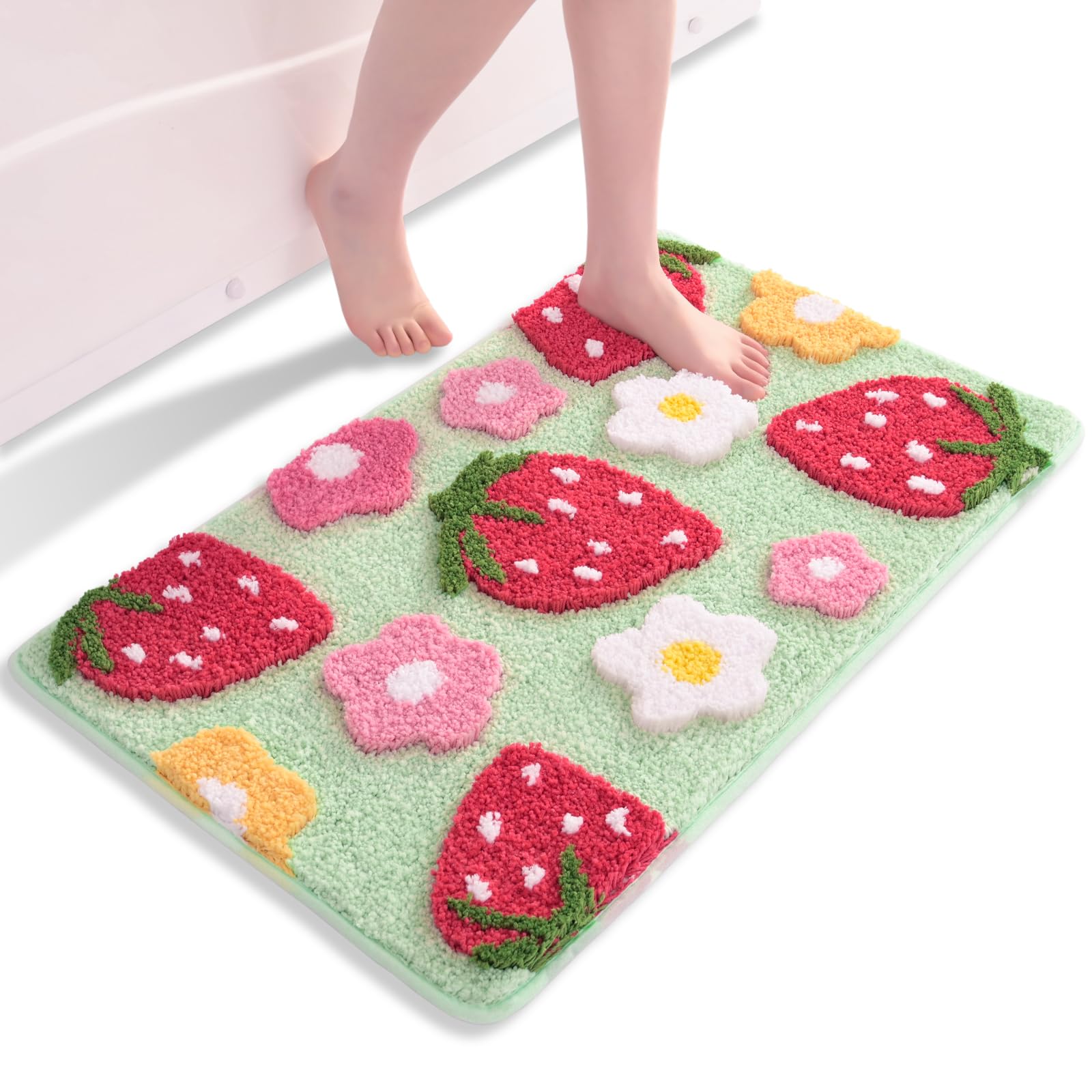 QJHOMO Green Bath Mat Non Slip Bathroom Mats 50 x 80 cm, Cute Strawberry Bathroom Accessories Flower Floor Mat, Thick Soft Microfiber Bathmat Machine Washable Bath Rug Absorbent Carpet for Bedroom